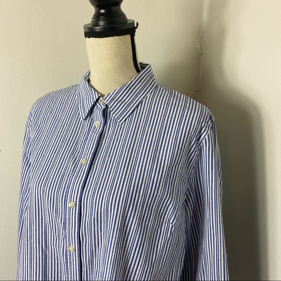 E Talbots Blue White Striped Relaxed Button Down - Picture 3 of 6